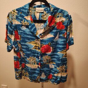 Basic Editions Women's Tropical Print Short Sleeve Button Front Shirt Vintage